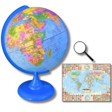 Imagem de Globo Terrestre Político Bilíngue 30cm Base e régua Azul + Mapa Mundi 