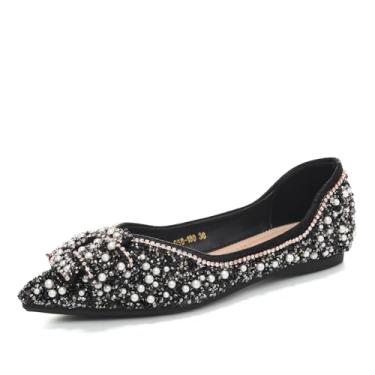 Imagem de HROYL Sapatilhas femininas de strass elegantes para casamento, baile, festa, balé, noite YSX-658-99, Preto, 36