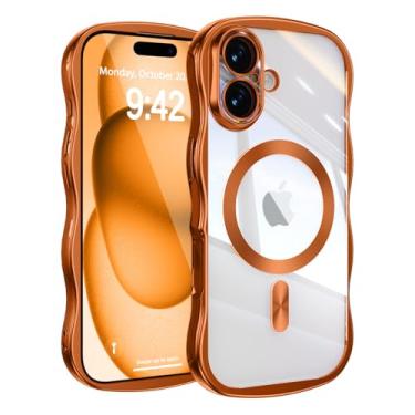 Imagem de UEEBAI Capa para iPhone 16, linda capa de celular magnética com moldura ondulada compatível com Magsafe capa de proteção completa para câmera macia galvanizada para mulheres e meninas - laranja