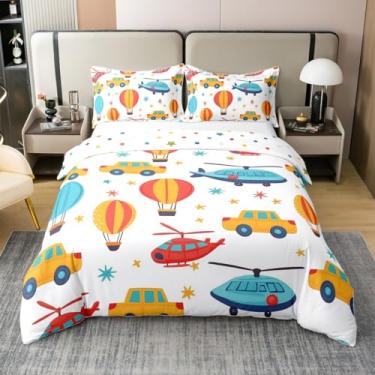 Imagem de Manfei Conjunto de capa de edredom 100% algodão com desenho animado, tamanho solteiro, carros, aeronaves, balão de ar quente, 2 peças, capa de edredom de caminhão, decoração de quarto de crianças, 1