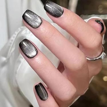 Imagem de 24 peças de unhas postiças quadradas curtas de ponta francesa, unhas postiças pretas de gato, unhas postiças de acrílico com glitter, cola bonita e elegante na unha, unhas adesivas reutilizáveis