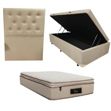 Imagem de Cama Box Baú Blindada com Colchão Cloud Molas Ensacadas C/Pillowtop 32cm + Cabeceira Botonê (SUEDE BEGE, Solteiro)