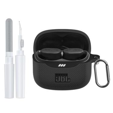 Imagem de POZCIS Capa para JBL Tune Buds 2, capa protetora de silicone macio, compatível apenas com JBL Tune Buds 2 com mosquetão e kit de limpeza conjunto de acessórios (preto)