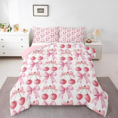 Imagem de Feelyou Jogo de cama solteiro com laço rosa, cerejas vermelhas, para crianças, meninos e meninas, com nó de laço fofo, edredom de microfibra, 2 peças com 1 fronha