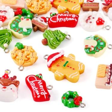 Imagem de Spritewelry 20 peças de pingentes de Natal para fabricação de joias, árvores de Natal sortidas de resina para homem de gengibre, Papai Noel, boneco de neve, alce, pingentes de sino para colar