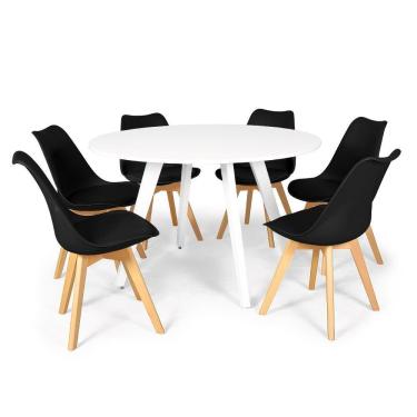 Imagem de Conjunto Mesa De Jantar Redonda Amanda Branca 120cm Com 6 Cadeiras Eiffel Leda - Preto