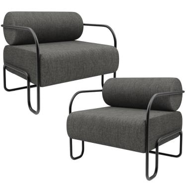 Imagem de Kit 02 Poltronas Decorativa Pés Industrial Moscou K01 Linho Cinza Escuro - Lyam Decor
