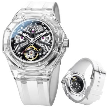 Imagem de OLEVS Relógio mecânico masculino automático, pulseira de silicone branco/preto, relógio de pulso esqueleto de luxo à prova d'água luminoso, G8002: pulseira branca e mostrador preto, Luxuoso