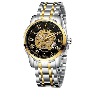 Imagem de WENFVVIN Relógio masculino esqueleto Reloj mecânico com corda manual, aço inoxidável, luminoso, números romanos, relógio analógico, Dourado
