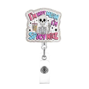Imagem de Carretel de crachá de esqueleto de Halloween I'm Not Mean I'm Spicy Nice Nursing Funny ID Badge Holders Retrátil Acrílico Clipe Jacaré Acessórios para Enfermeira para Trabalho Professor Assistente