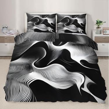 Imagem de QINYUN Capa de edredom Queen preto e branco, conjunto de cama abstrato, moderno, 3 peças, decoração de quarto, psicodélico, capa de edredom psicodélico e 2 fronhas com fecho de zíper