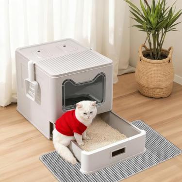 Imagem de LEEJARD Caixa de areia para gatos de aço inoxidável com tampa e gaveta, caixa de areia XXL fechada para gatos grandes inclui tapete de areia e colher