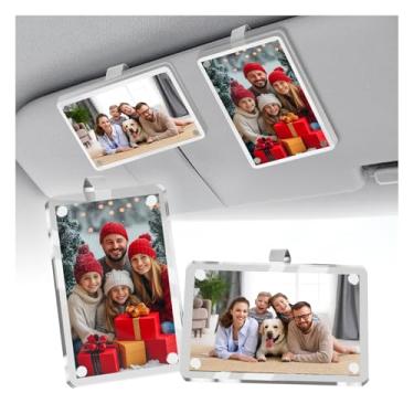 Imagem de Junecarp 2 pacotes de porta-retratos com clipe de viseira, clipe de foto de acrílico HD com design de sucção magnética, suporte universal personalizado para fotos de viseiras de carro, acessórios para