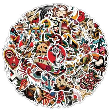 Imagem de 57 peças de adesivos de tatuagem de grafite vintage para adultos, homens, adolescentes, adesivos de vinil à prova d'água de caveira de terror retrô para garrafas de água, laptops, carros, skates