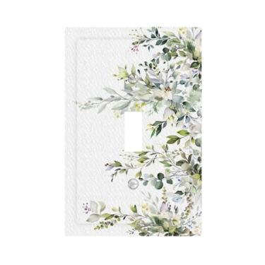 Imagem de VGHOKO Capa decorativa de placa de interruptor com folhas de eucalipto de vegetação minimalista e design floral branco, placa de parede de 1 gangue, capa de interruptor de luz única exclusiva para