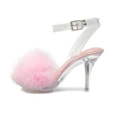 Imagem de omthaka Sandálias femininas felpudas de salto alto com tira no tornozelo, salto alto, salto alto, salto alto, sapatos de formatura, rosa, 40