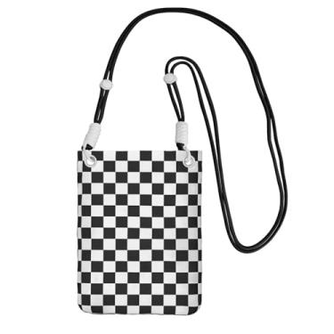 Imagem de LILYDIARY Bolsa transversal para celular para meninas e mulheres, alça preta, material de poliéster, alça de ombro ajustável e removível, padrão xadrez preto e branco simples