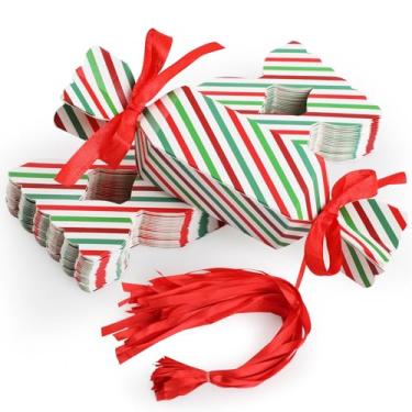 Imagem de KIKISML Caixa de papel de Natal, caixa de doces de presente, 30 caixas de doces listradas coloridas com 60 fitas vermelhas