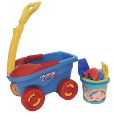 Imagem de DAONDA CARGO Carrinho Infantil Kit Praia com Balde, Pá, Peneira, Rastelo e 4 Forminhas, Polipropileno, 55x32x31cm, Azul e Vermelho, a partir de 2 Anos