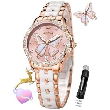 Imagem de OLEVS Relógio feminino ouro rosa diamante, L5610: Pulseira de ouro rosa e mostrador rosa