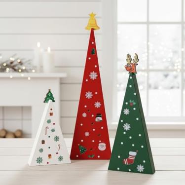 Imagem de Amyhill 3 peças de decoração de árvore de mesa de Natal de madeira com sino de rena rústica casa de fazenda mesa de Natal centro de mesa em camadas, placa de decoração para Natal, férias, lareira