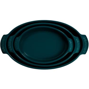 Imagem de Germer, Kit com 3 peças de travessa oval em porcelana, modelo assar ou servir, Funda, 1 25,6X16cm / 1 31,5X18,5cm / 1 38x21,5cm, Verdigris