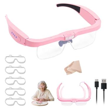 Imagem de Fone de ouvido profissional com 5 lentes destacáveis de 0,75 x 4,0 X e 3 luzes de LED, lupa de cabeça recarregável com as mãos livres para trabalho próximo, joias e hobby (rosa)