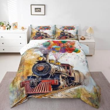Imagem de Feelyou Conjunto de cama vintage de trem a vapor macio para meninos e meninas, 3D, estilo antigo, conjunto de edredom Queen Size clássico ferroviário, retrô, edredom de microfibra, balões, decoração