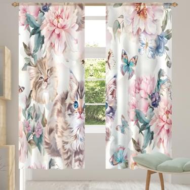 Imagem de 2 conjuntos de painéis cortinas transparentes com flores de gato borboleta, cortinas transparentes arejadas com filtro leve, painéis de cortina de porta e janela para sala de estar, quarto, jantar