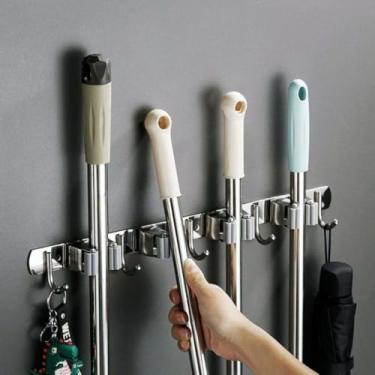 Imagem de Suporte de Parede para Vassoura em Inox, Organizador com 7 Ganchos, Antiderrapante, Fixação Forte, Multiuso para Lavanderia, Cozinha e Garagem