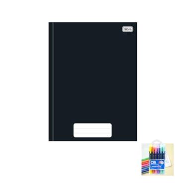 Imagem de Kit Caderno Brochura Capa Dura Preto 80 Folhas + Caneta Esferográfica Pote 24 Unidades Sortidas + Marca Texto Lumini Gel 6 Cores