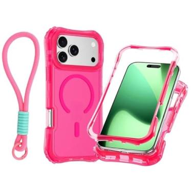 Imagem de Capa transparente com carregamento magnético em PC+TPU para iPhone 17 Pro Max Air 16 15 14 13 12 Plus, com alça de pulso e proteção contra impactos (para iPhone 13 Pro Max/Rosa choque vibrante)