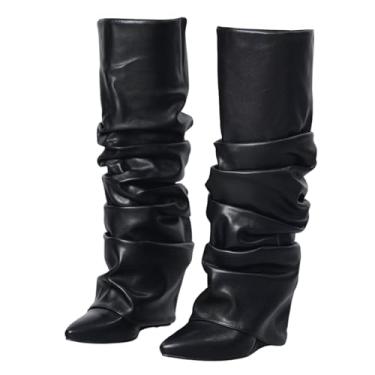 Imagem de Yishaweiqi Botas femininas dobradas franzidas despojadas com salto cunha de couro envernizado, cano alto, bico fino, botas casuais, Couro PU preto, 40