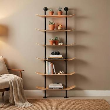 Imagem de Prateleiras industriais – Estante de tubo de decoração industrial de 6 camadas usando deck de skate de 7 camadas - acabamento de madeira natural - decoração de parede de banheiro, móveis de sala de