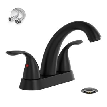 Imagem de Torneira de pia de banheiro preto fosco de aço inoxidável com 2 alças da Phiestina, torneira de banheiro com ralo pop-up de cobre e linhas de abastecimento de água, BF008-5-MB