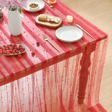 Imagem de Horaldaily Toalha de mesa de gaze vermelha perolada vermelha 152 × 213 cm, retangular, primavera, verão, tule, renda, gaze, toalha de mesa de chá de noiva, para decoração de mesa de aniversário de