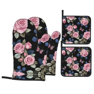 Imagem de Conjunto de luvas de cozinha com estampa de rosa preta Blackgound com suportes de tampa, luvas de forno resistentes ao calor para lidar com panelas quentes, grelhar, churrascos, kit de 4 peças.