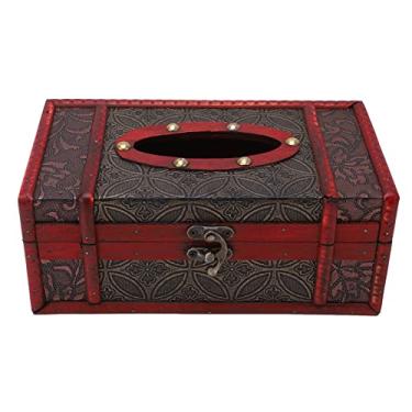 Imagem de Caixa de tecido de madeira antiga, requintado, artesanal, design retrô, suporte de tecido de mesa para decoração de home office, mdf, couro pu, 22x12x9cm