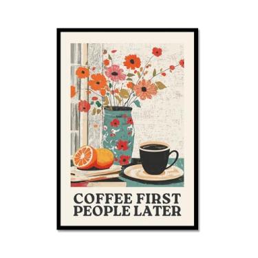 Imagem de Coffee First People Later Poster Retro Coffee Wall Art Trendy Flower Print Minimalista Vintage Floral Para Sala de Jantar Cozinha Decoração de Parede (SKU1,12 x 16 polegadas = (30 x 40 cm), moldura de