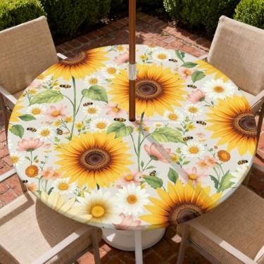 Imagem de Yesad Toalha de mesa redonda para uso ao ar livre com orifício para guarda-chuva, toalha de mesa com zíper e borda elástica, capa de toalha de mesa à prova d'água para piqueniques, serve para mesa