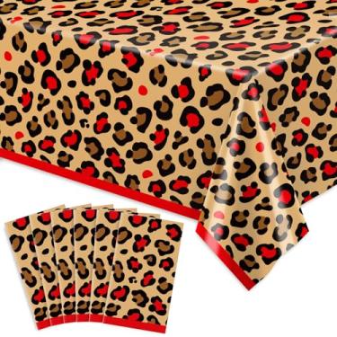 Imagem de Whaline 6 peças de toalha de mesa retangular descartável vermelha e leopardo para decoração de festa de leopardo, para safári, animal, aniversário, chá de bebê, artigos de festa, 137 x 272 cm