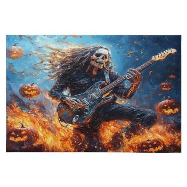 Imagem de CEBUGI Tapete de área 60 x 90 cm, macio, lavável, antiderrapante, com suporte de borracha, caveira, tocando guitarra, tapetes para sala de estar, quarto, decoração de casa