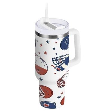Imagem de Qilmy Copo de bola de futebol americano de 850 g e capacete com tampa e canudo, copo isolado de aço inoxidável durável à prova de vazamento com alça, garrafas de água à prova de derramamento para
