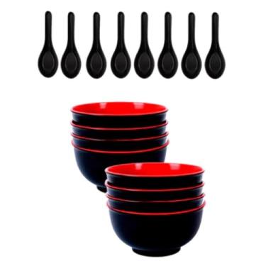 Imagem de Kit 12 Tigelas de Melamina com Colher - Bowl Oriental 1L para Restaurante Japonês (Não Inclui Organizador de Talheres)(8 Tigelas + 8 Colher)