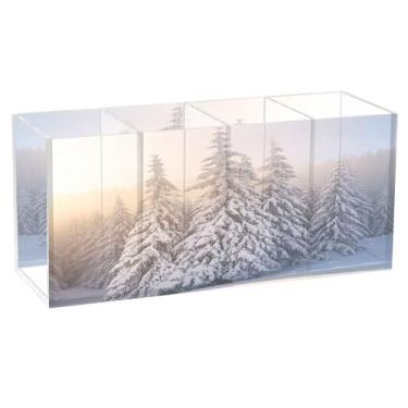 Imagem de Burbuja Porta-canetas de acrílico Snow Pine Trees com 4 compartimentos, suporte de lápis transparente para pincéis de maquiagem fixos, acessórios de mesa de escritório em casa
