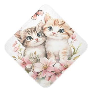 Imagem de Burbuja Toalha de banho de bebê borboleta de dois gatinhos flores - Toalha com capuz de musselina macia e absorvente para recém-nascidos e bebês, 76 x 76 cm