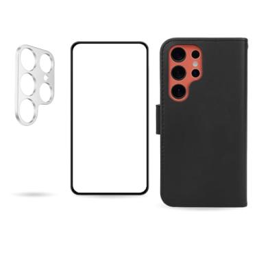 Imagem de Capa carteira 3 em 1 compatível com Samsung Galaxy S25 Ultra – Capa flip magnética de couro PU com suporte para cartão, protetor de tela e protetor de lente da câmera. Preto