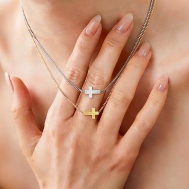 Imagem de Colar de cruz feminino, banhado a ouro prata 14K, pingente de cruz minúsculo, simples, moderno, fofo, religioso, presente para mãe, amigos, esposa, avó, colar cristão delicado, Medium, Metal, Sem