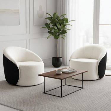 Imagem de Poltrona Sala Orgânica Kit 2 Lua Fixa Sintético PU Preto/Bouclê D03 - 