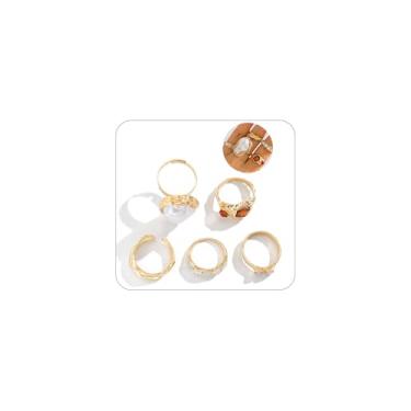 Imagem de Conjunto de 5 anéis abertos de pérolas douradas para mulheres, conjunto de anéis vintage empilhados em camadas, joia formal exclusiva de pérola barroca, Liga de aço, Sem pedra preciosa